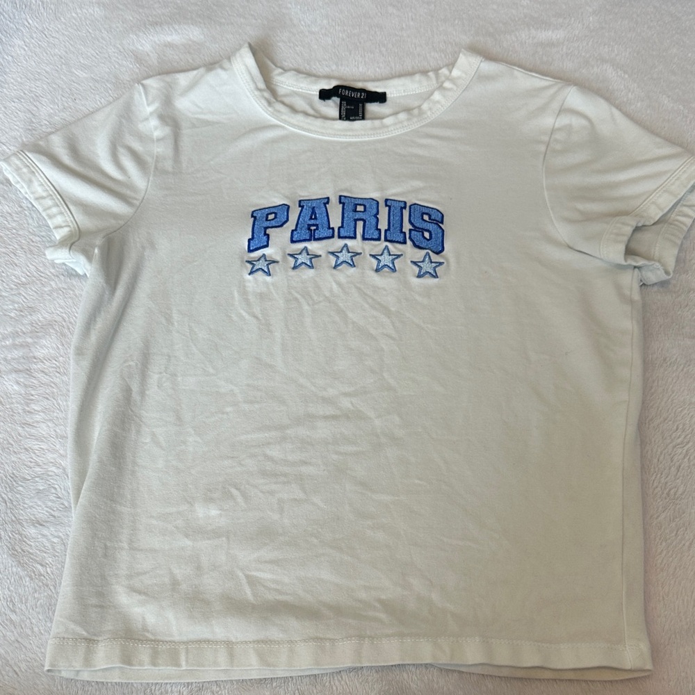 Forever 21 White Tee with Blue Paris Design